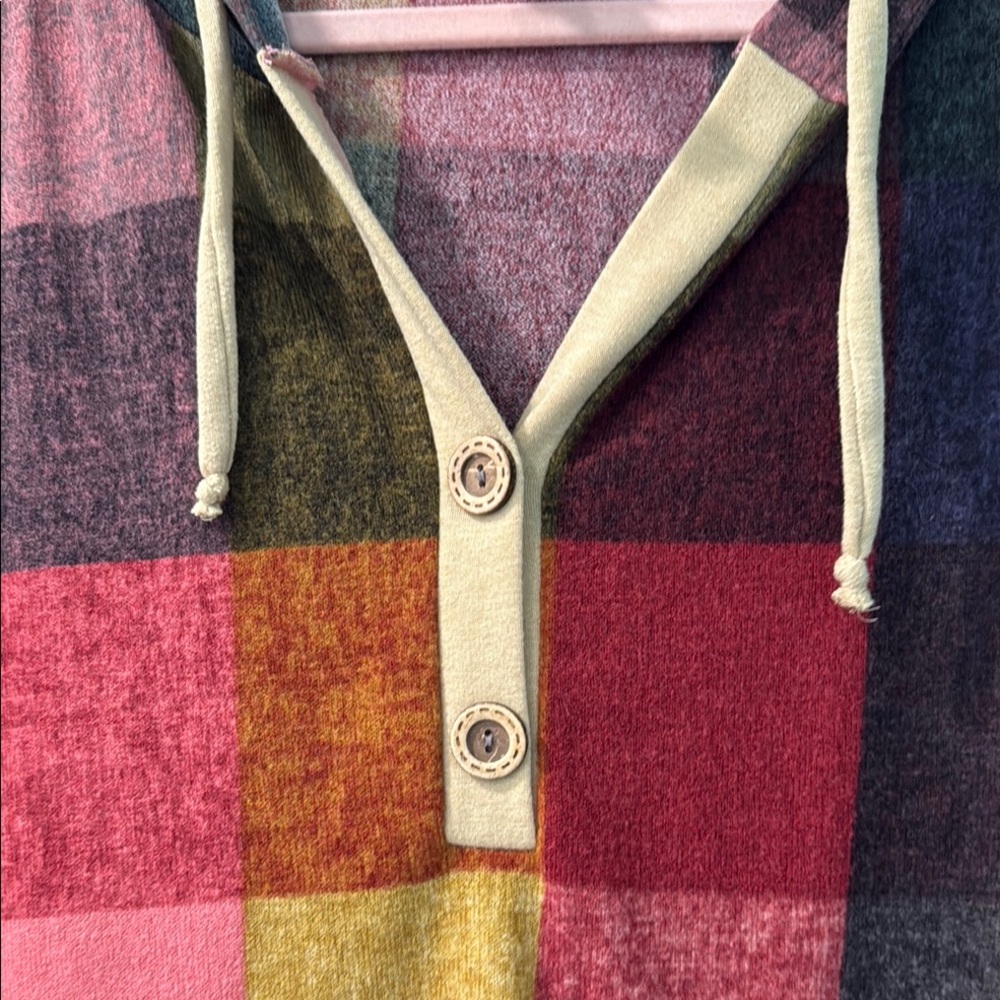BiBi Plaid Hooded V-neck Cozy Knit - Picture 3 of 7